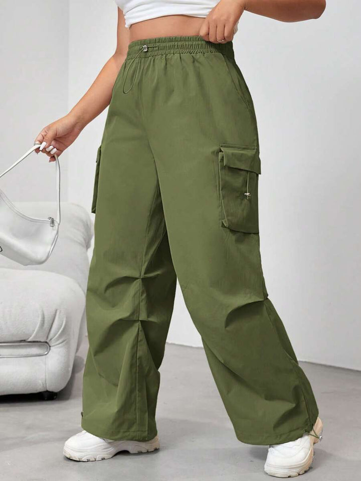 Flap Side Pocket Drawstring Waist Loose Cargo Pants