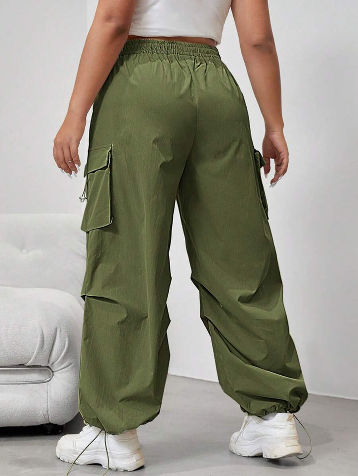 Flap Side Pocket Drawstring Waist Loose Cargo Pants