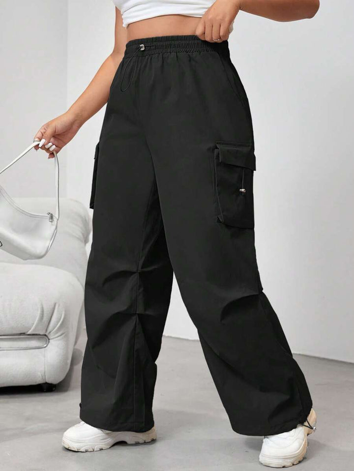 Flap Side Pocket Drawstring Waist Loose Cargo Pants