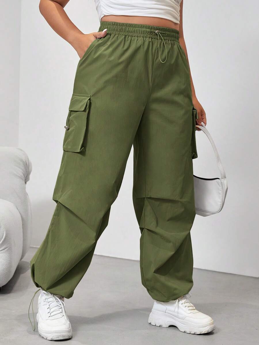 Flap Side Pocket Drawstring Waist Loose Cargo Pants