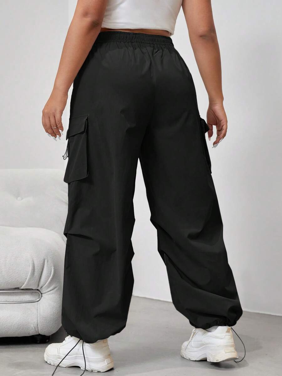 Flap Side Pocket Drawstring Waist Loose Cargo Pants