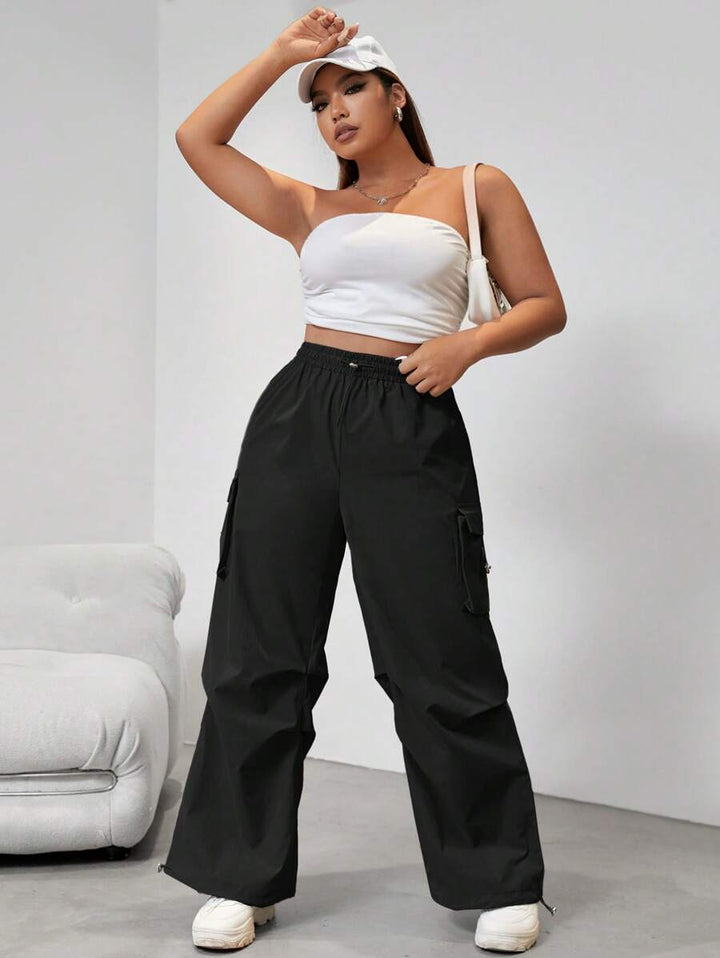 Flap Side Pocket Drawstring Waist Loose Cargo Pants