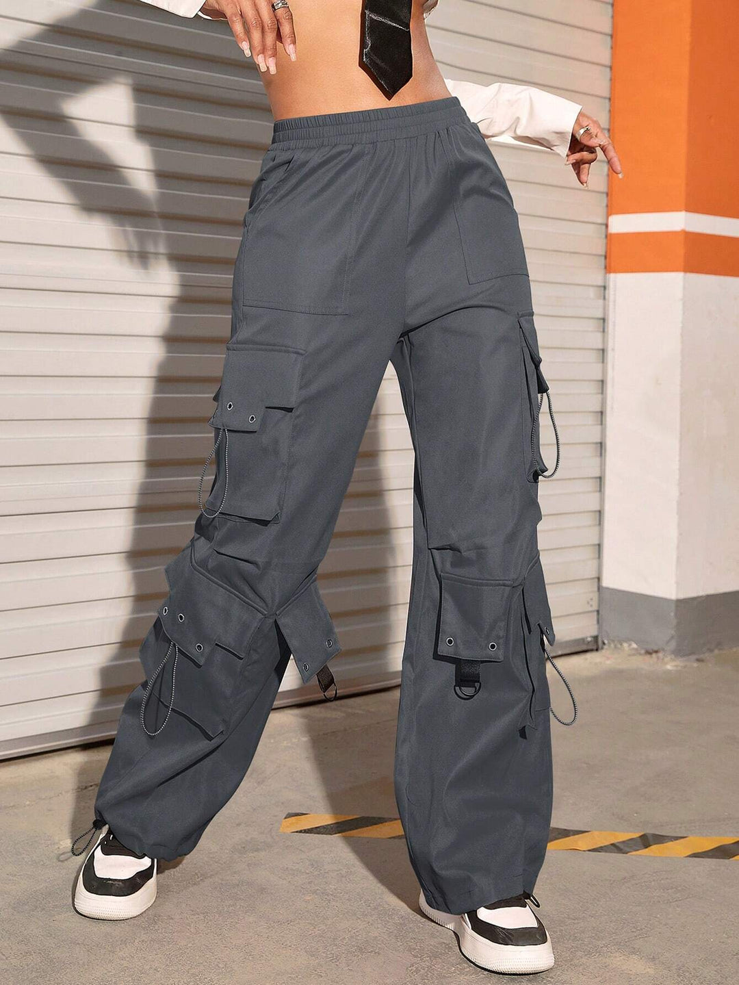 Flap Pocket Grommet Eyelet Detail Parachute Cargo Pants