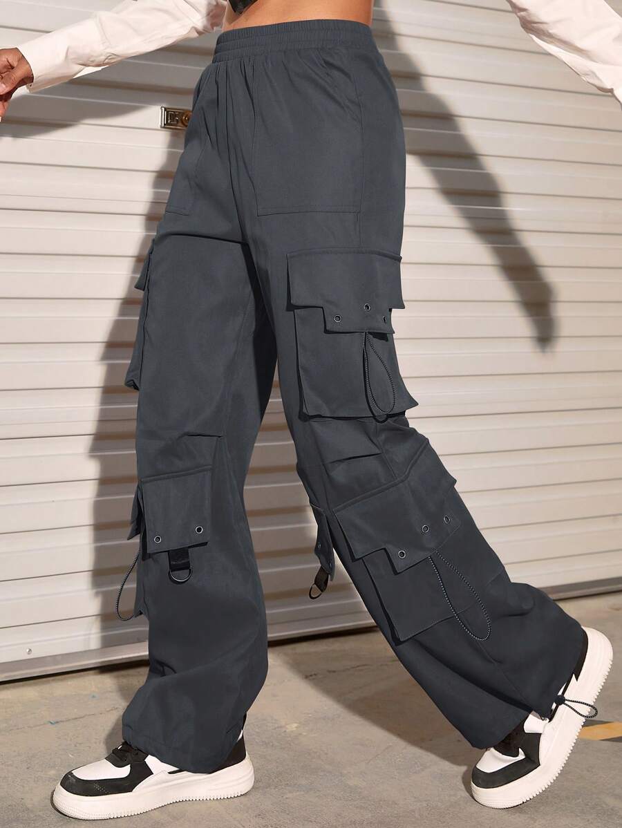 Flap Pocket Drawstring Hem Cargo Parachute Pants