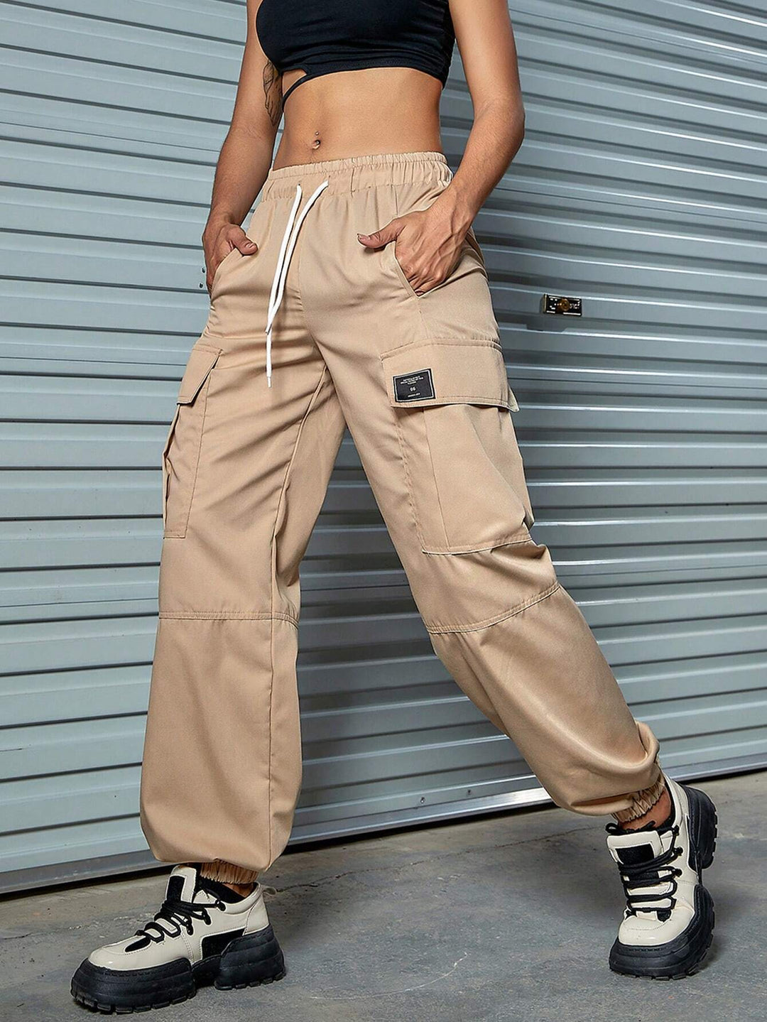 Drawstring Cargo Pants With Letter Patched