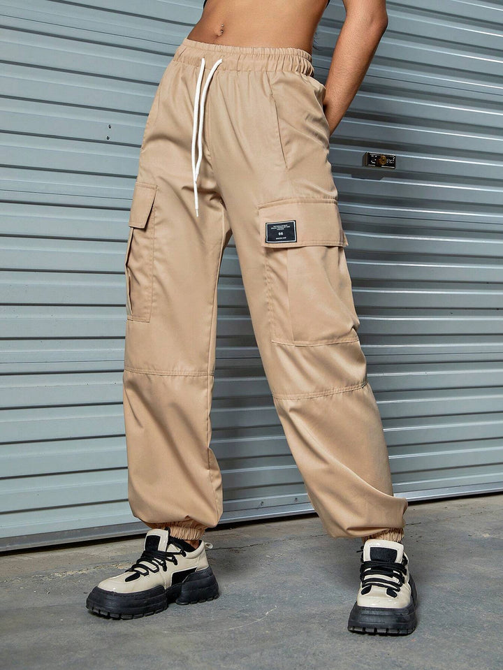 Drawstring Cargo Pants With Letter Patched