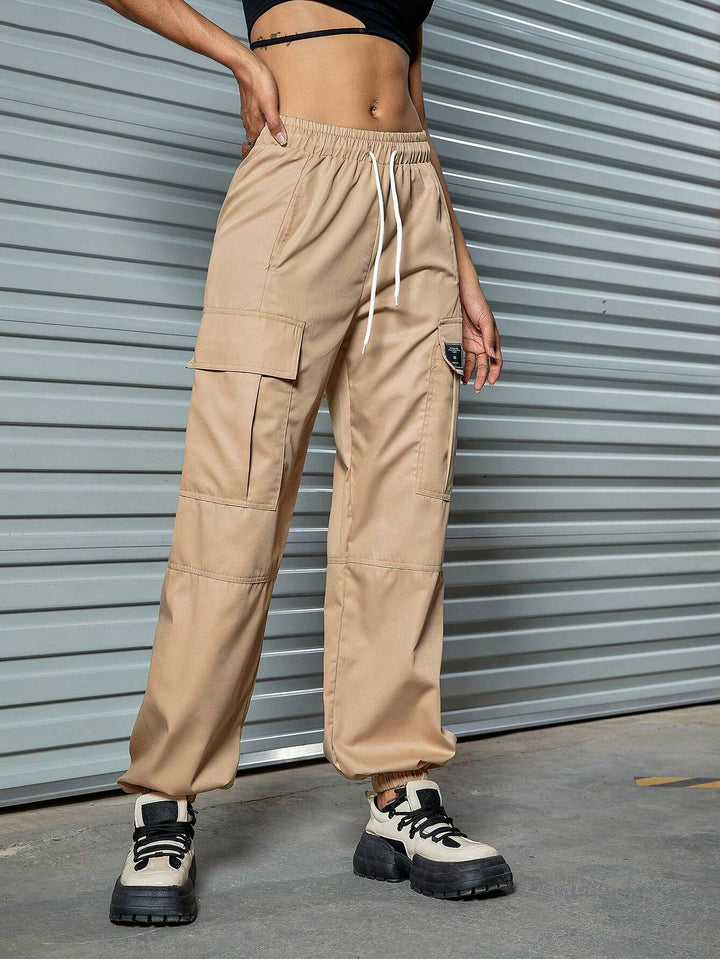 Drawstring Cargo Pants With Letter Patched