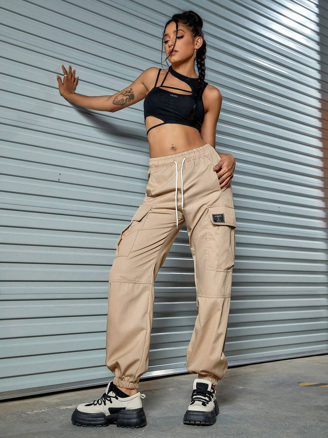 Drawstring Cargo Pants With Letter Patched