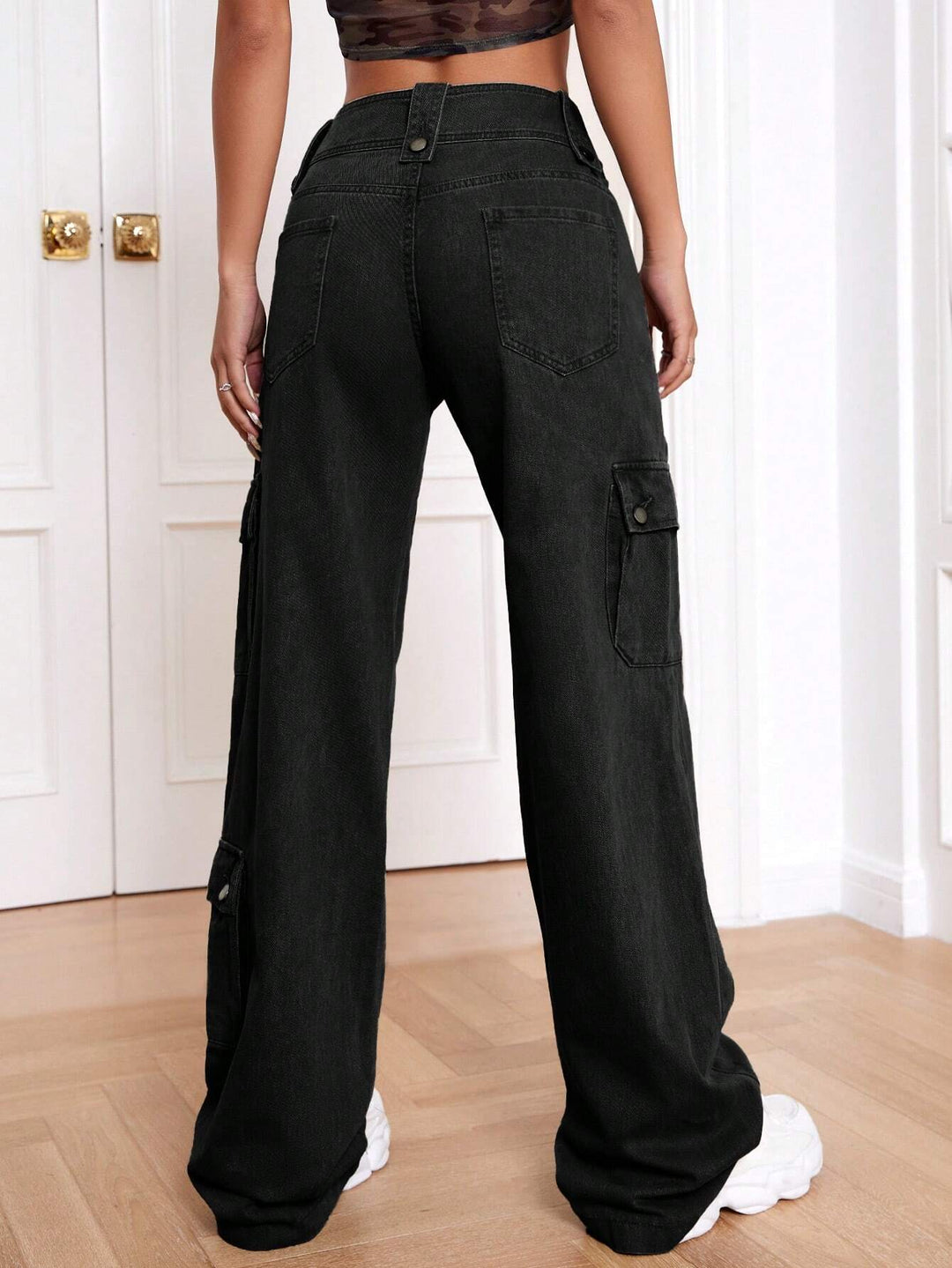 Plain Non-Stretch Flap Pocket Cargo Jeans
