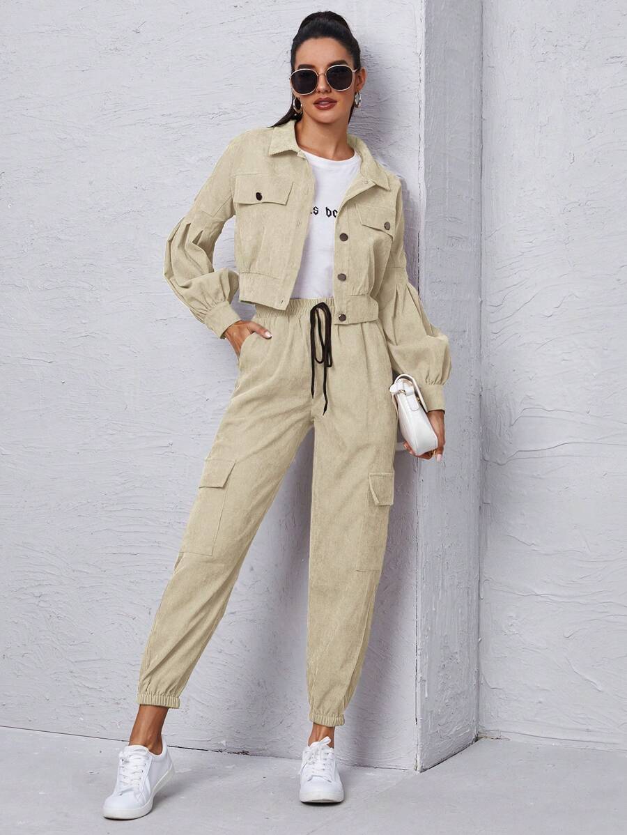 Flap Detail Jacket And Tie Front Cargo Pants