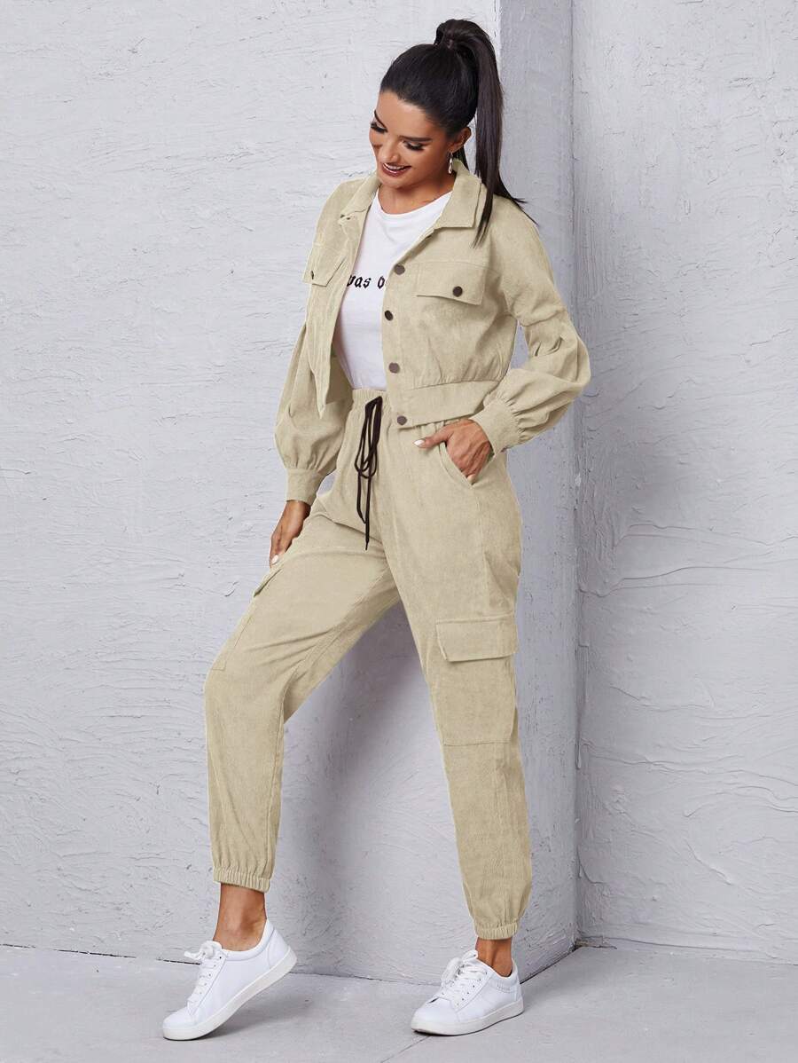 Flap Detail Jacket And Tie Front Cargo Pants