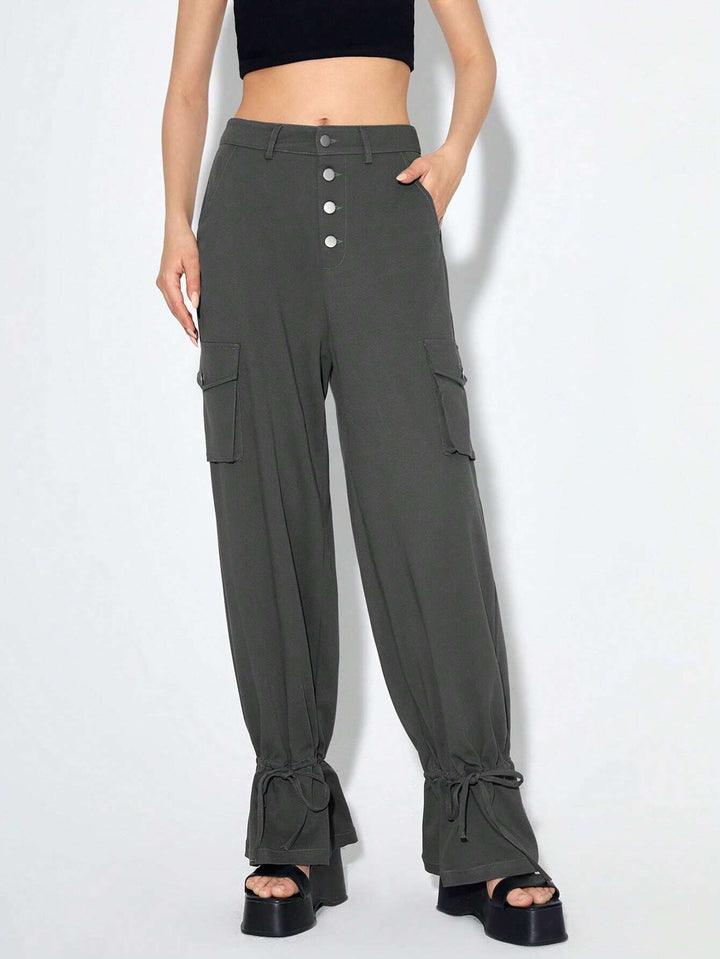 Flap Pocket Side Knot Hem Cargo Pants