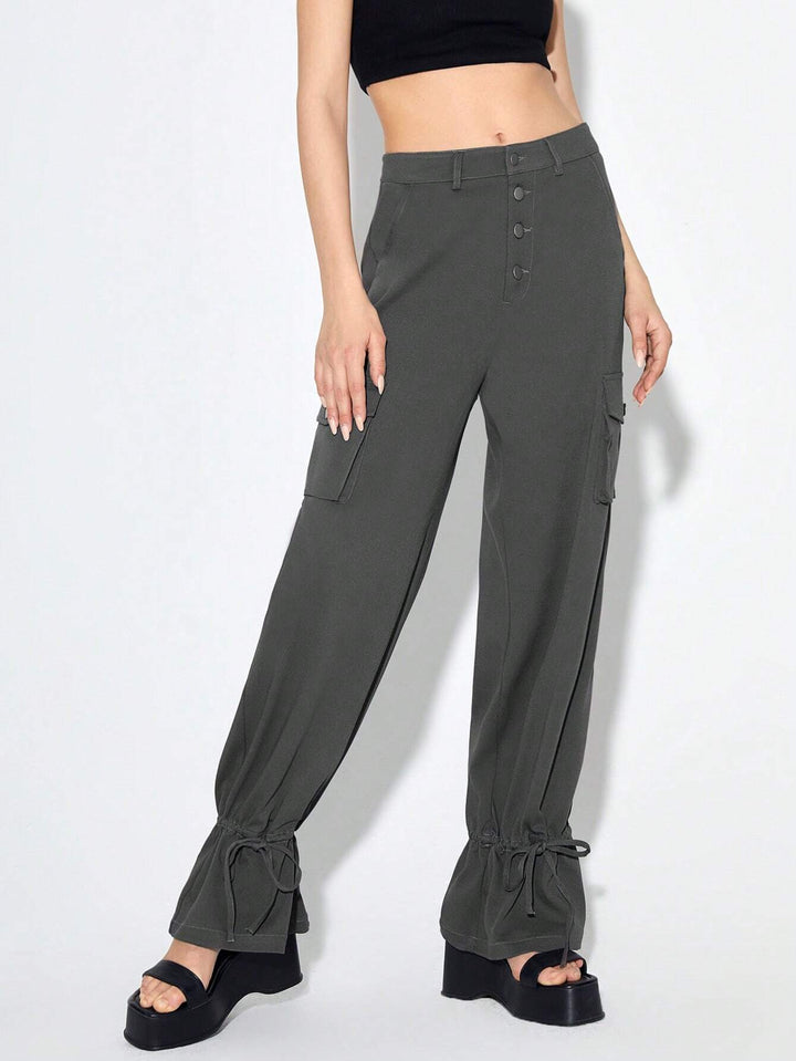 Flap Pocket Side Knot Hem Cargo Pants