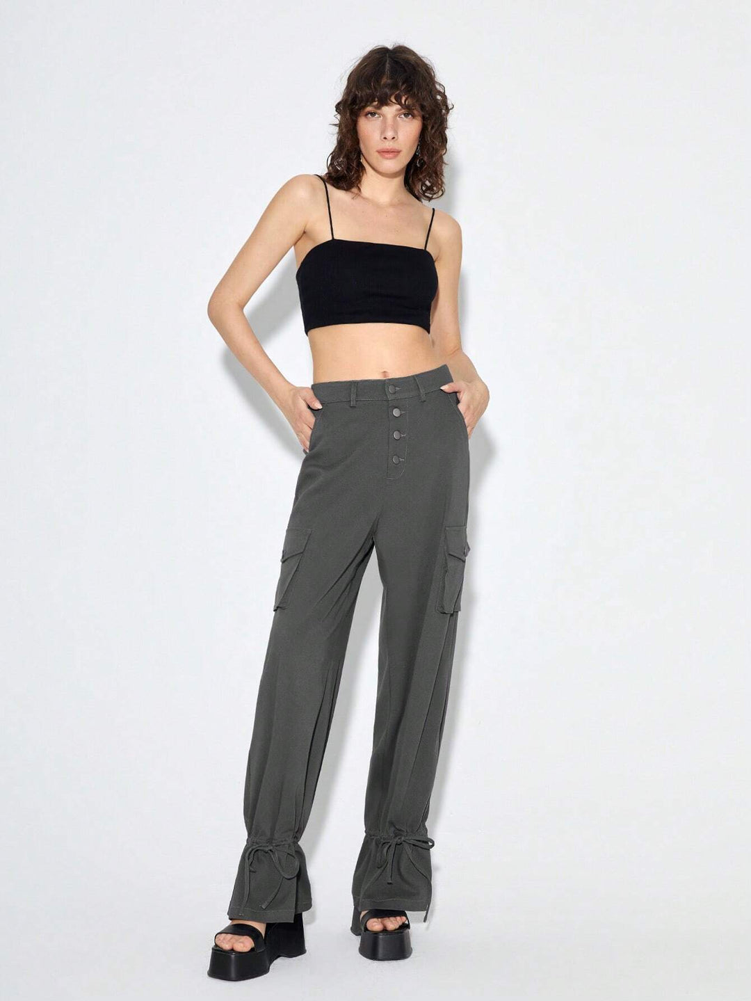 Flap Pocket Side Knot Hem Cargo Pants