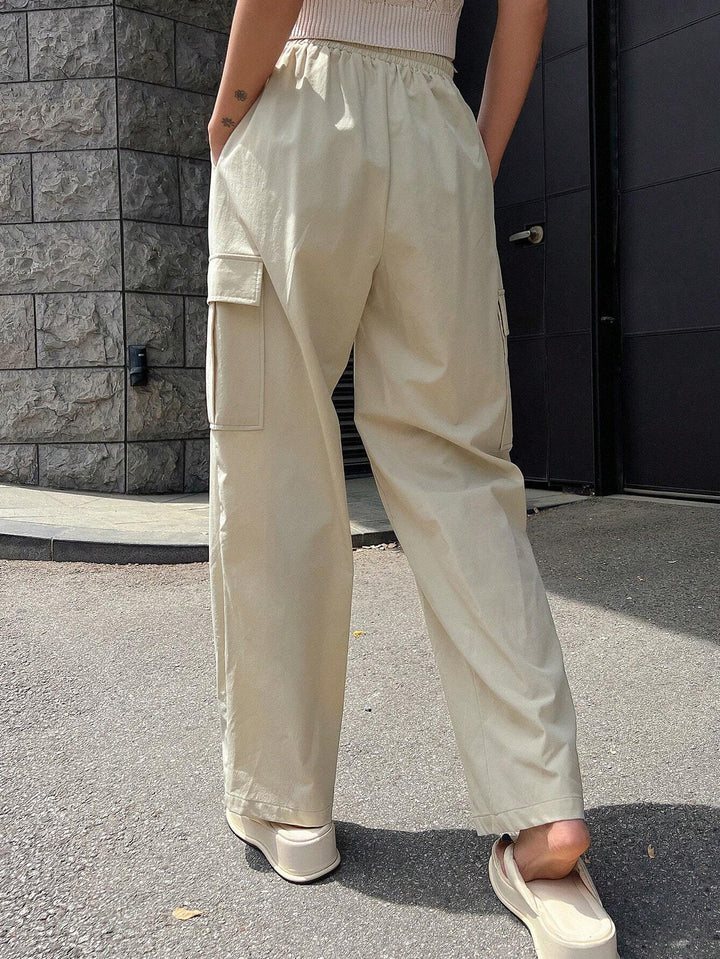 Solid Color Drawstring Waist Flap Pocket Side Cargo Pants