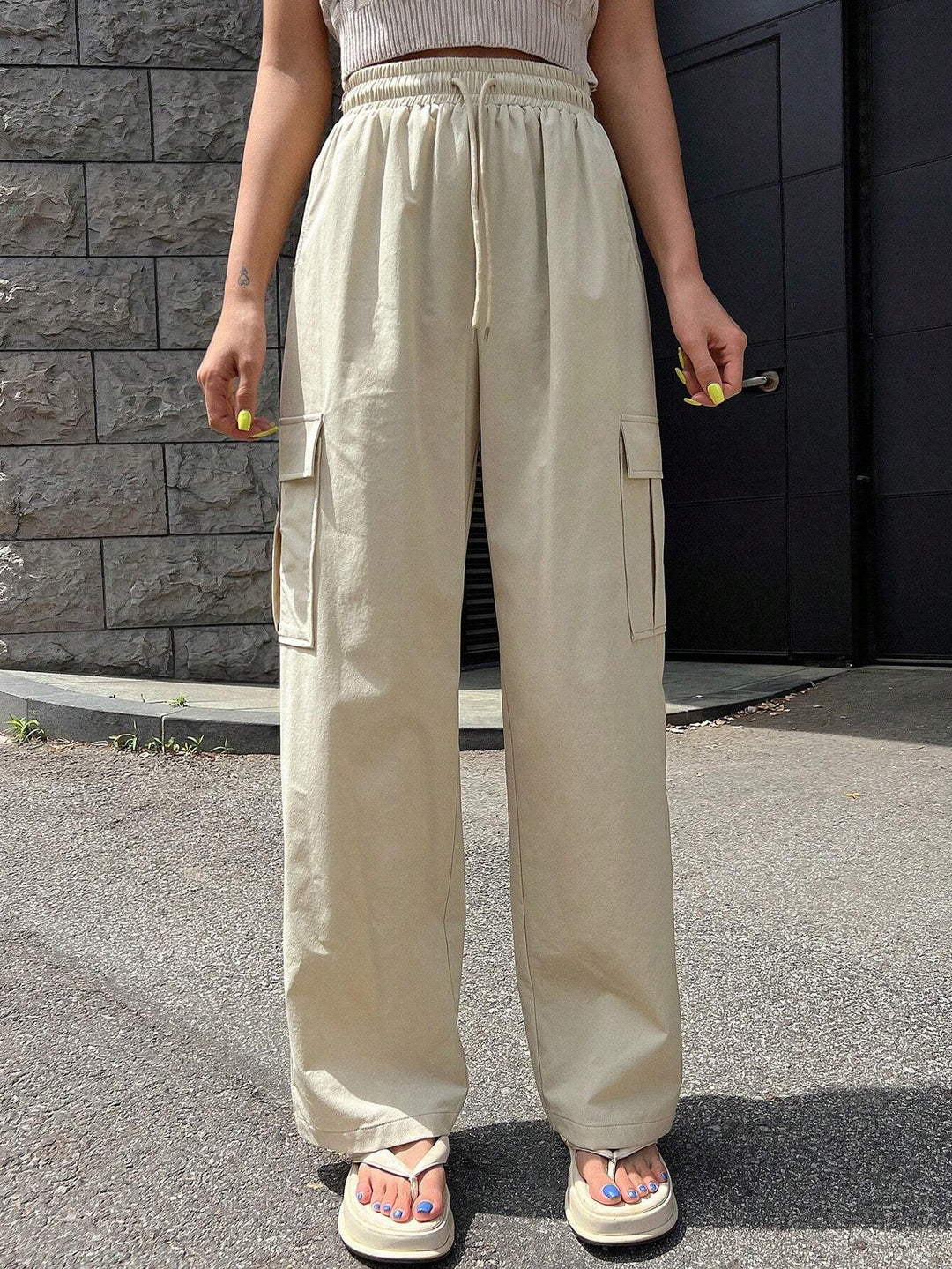 Solid Color Drawstring Waist Flap Pocket Side Cargo Pants