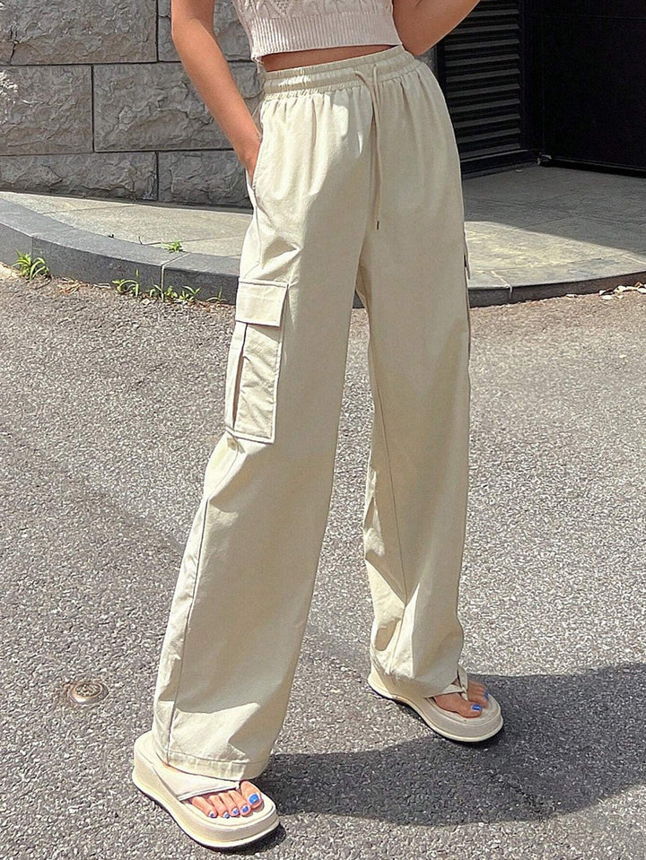 Solid Color Drawstring Waist Flap Pocket Side Cargo Pants