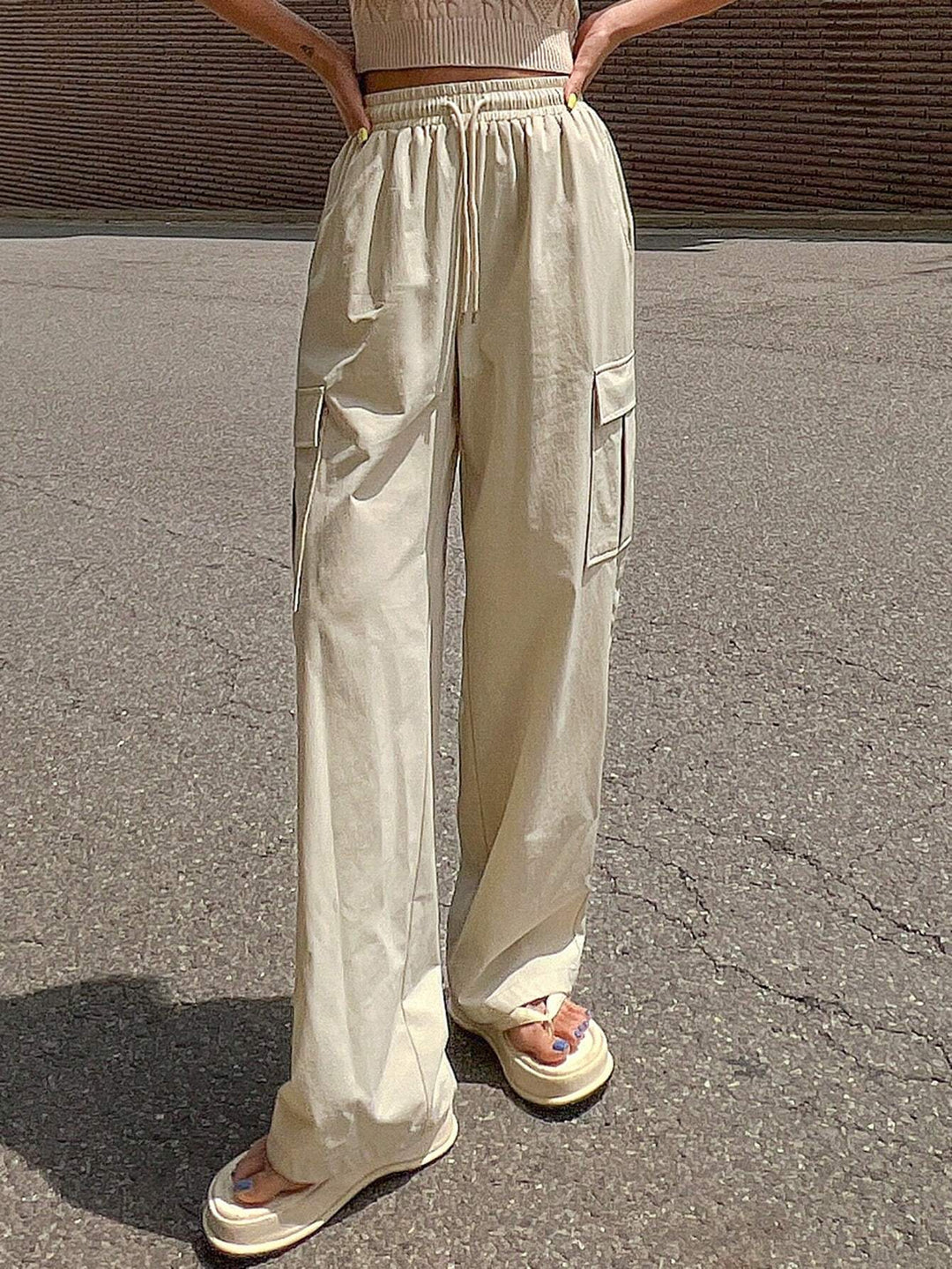 Solid Color Drawstring Waist Flap Pocket Side Cargo Pants