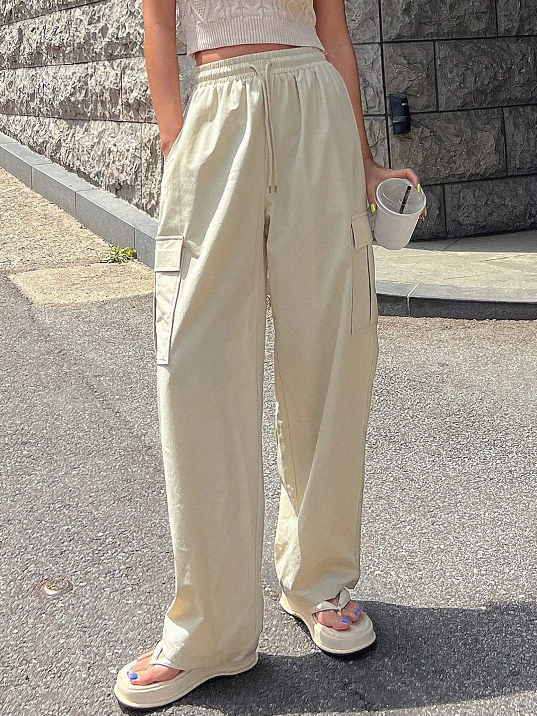 Solid Color Drawstring Waist Flap Pocket Side Cargo Pants