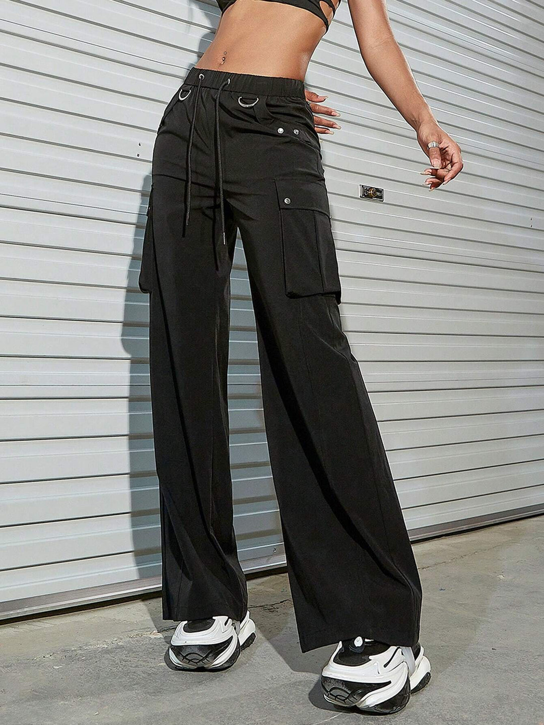 Flap Pocket Side Drawstring Waist Cargo Pants