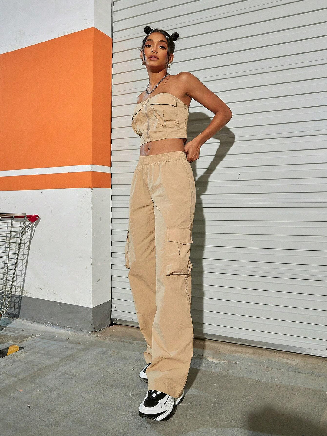 Tube Top And Flap Pocket Wide Leg Cargo Pants