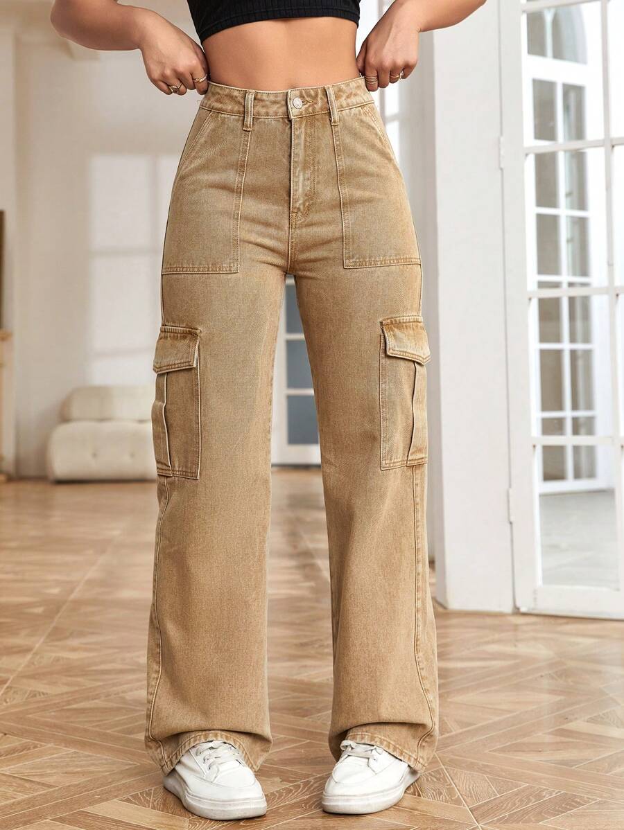 High Waisted Flap Side Pocket Cargo Jeans