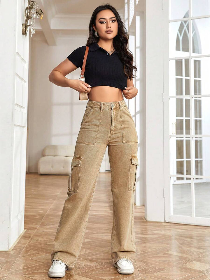 High Waisted Flap Side Pocket Cargo Jeans