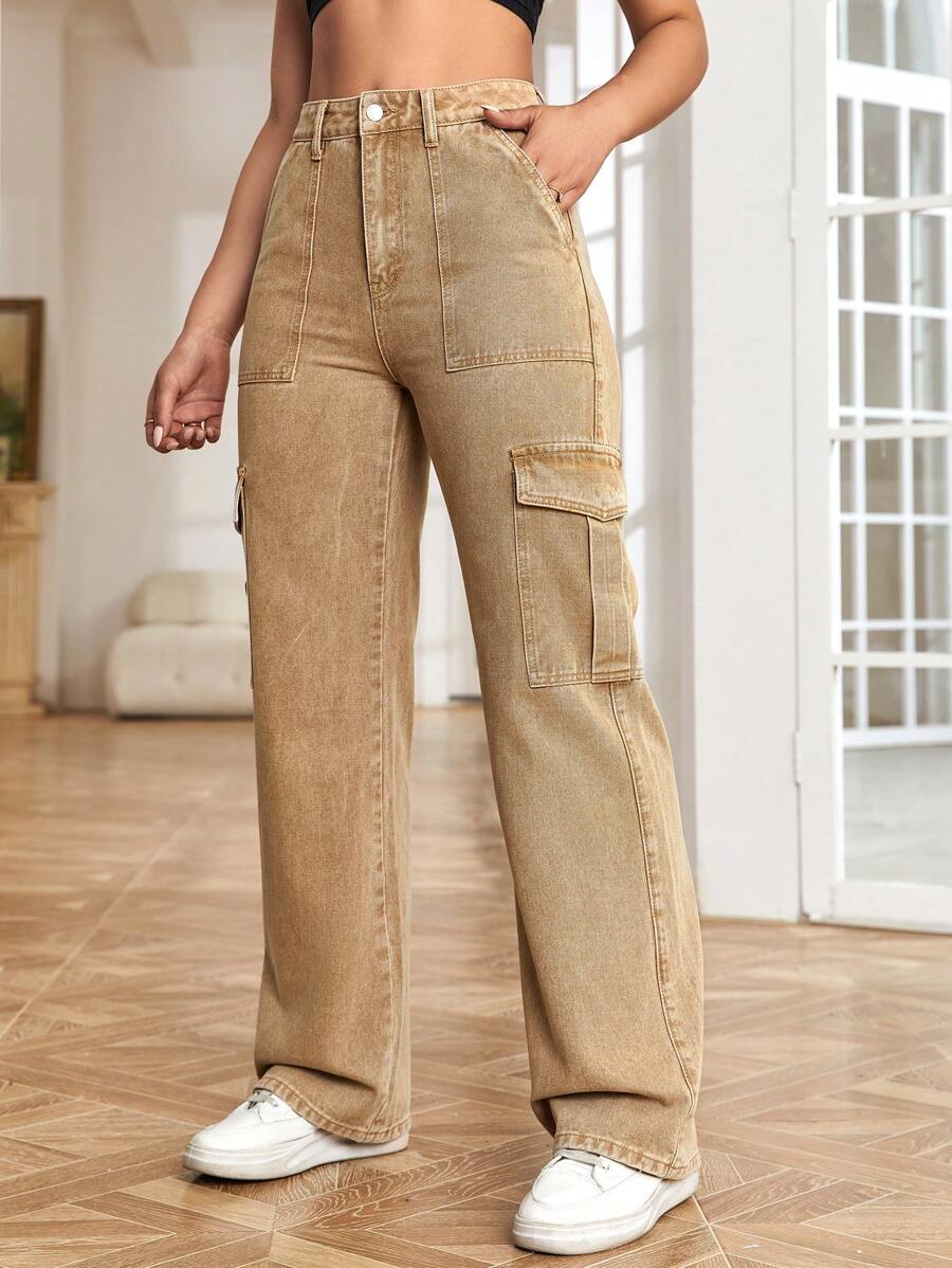 High Waisted Flap Side Pocket Cargo Jeans