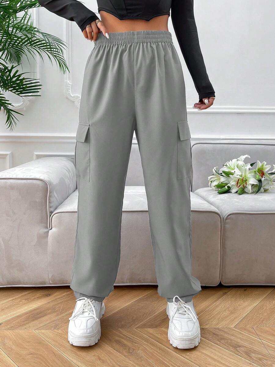 High Waist Side Pocket Flap Cargo Pants