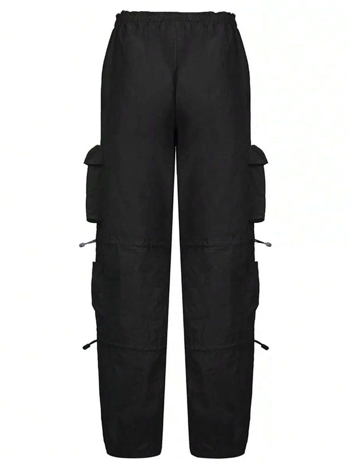 Solid Color Flap Pocket Drawstring Waist Cargo Pants