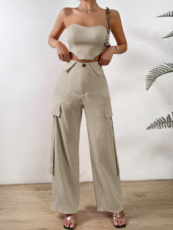 Solid Tube Top And Flap Pocket Side Cargo Pants