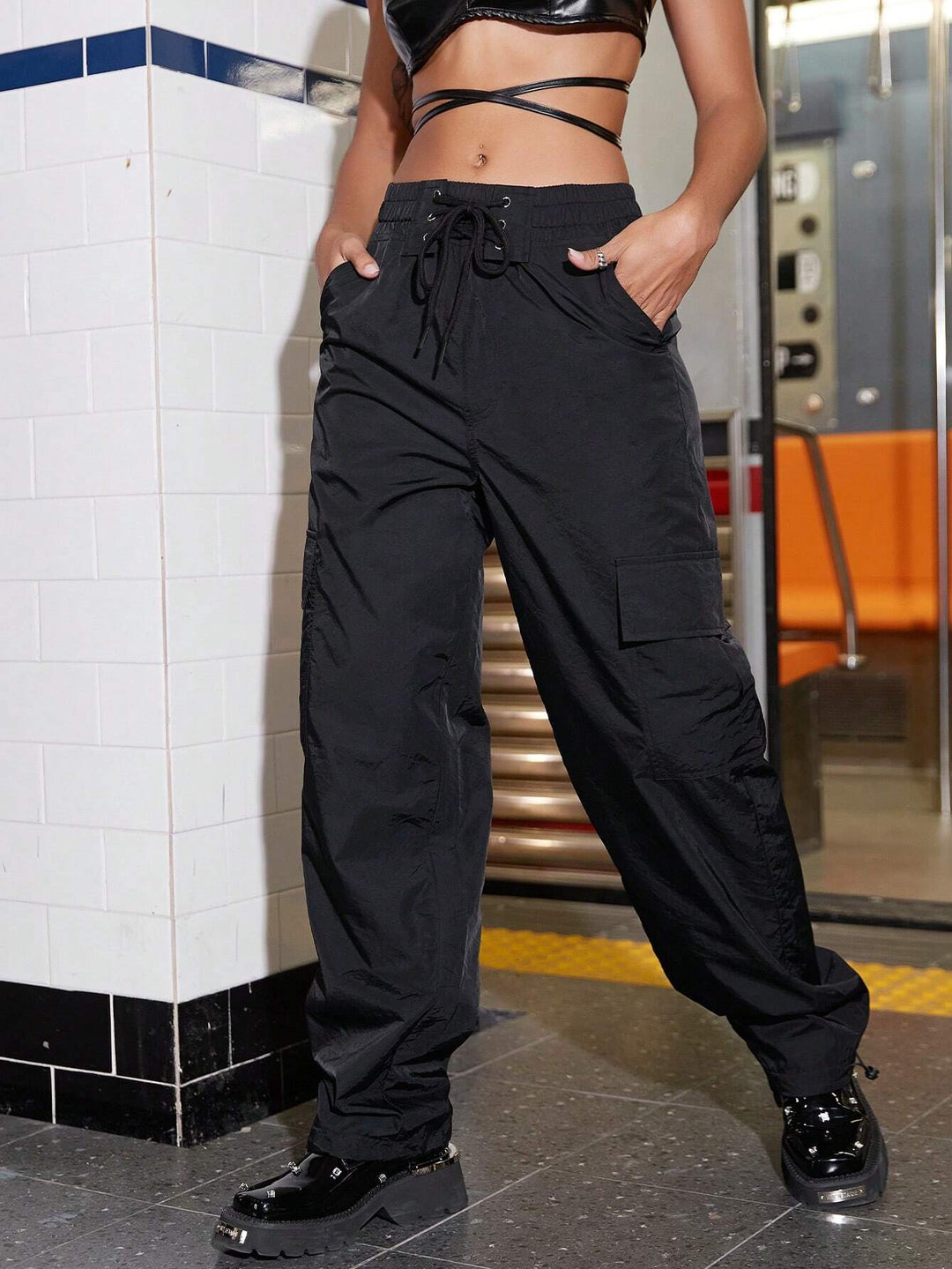 Lace Up Waist Flap Pocket Cargo Pant