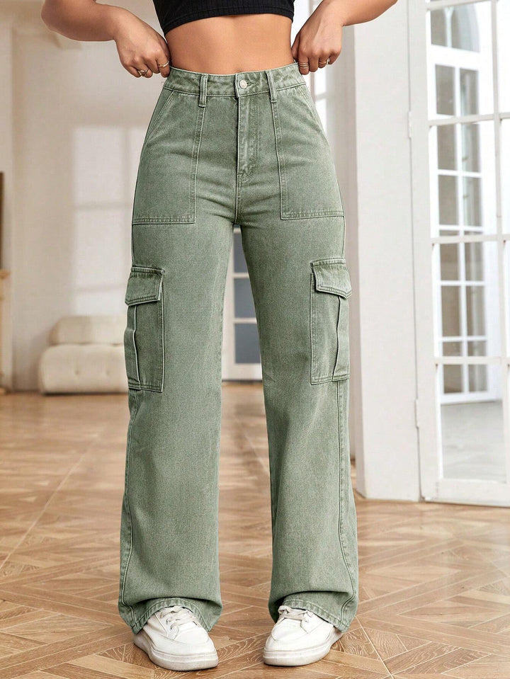 High Waisted Flap Pockets Cargo Jeans