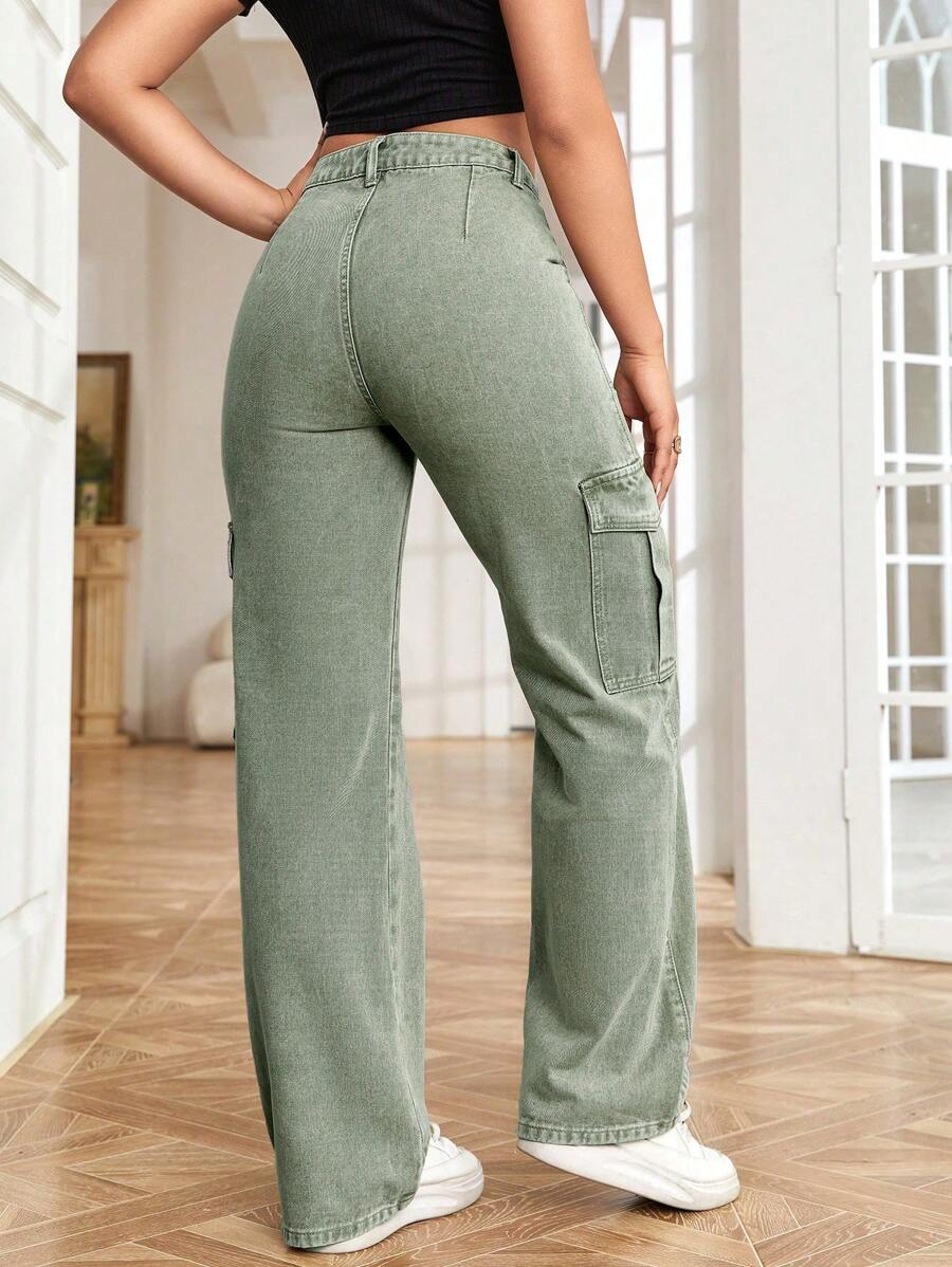 High Waisted Flap Side Pocket Cargo Jeans