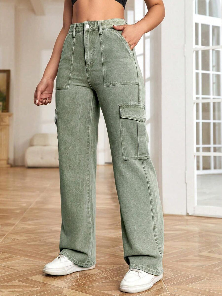 High Waisted Flap Side Pocket Cargo Jeans