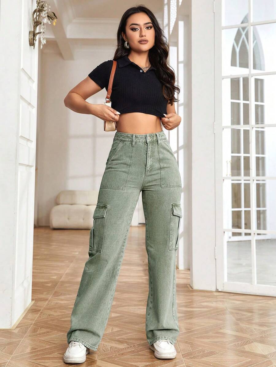 High Waisted Flap Side Pocket Cargo Jeans