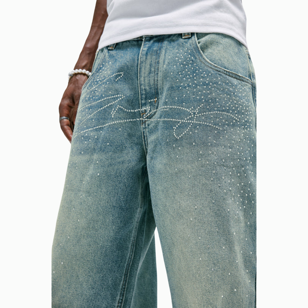 Embellished Wide Denim Pants With Chain Detail