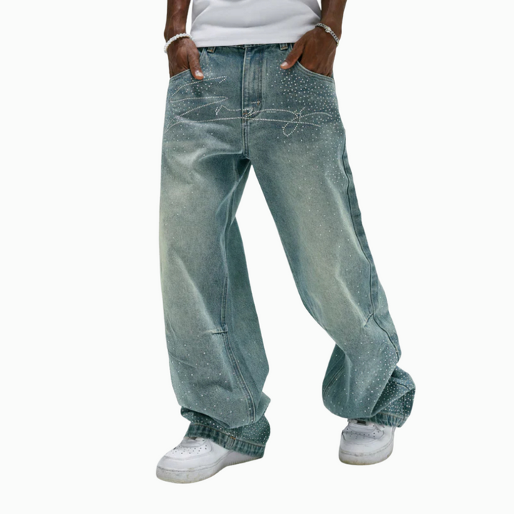 Embellished Wide Denim Pants With Chain Detail