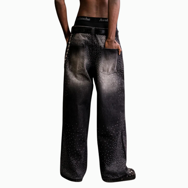 Embellished Wide Denim Pants With Chain Detail