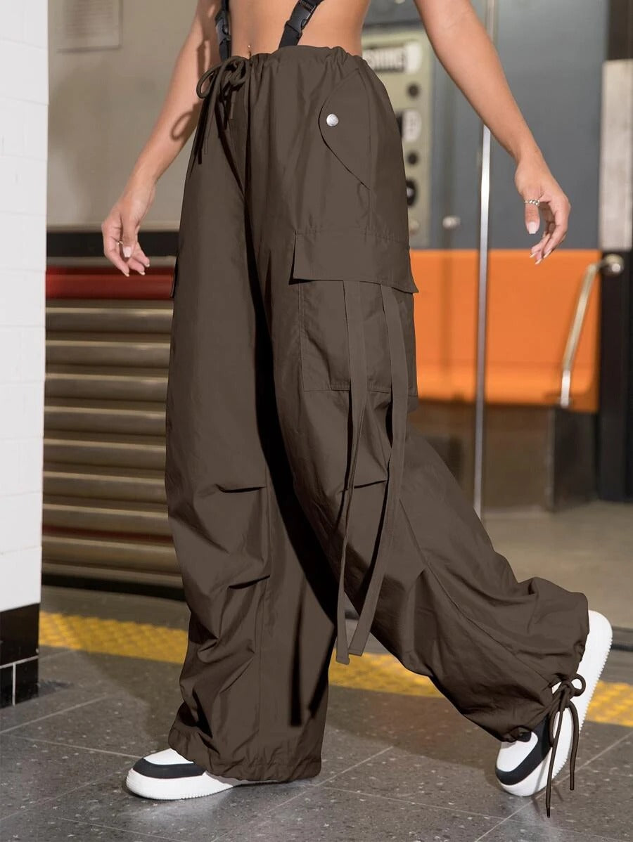 Flap Pocket Drawstring Hem Cargo Parachute Pants