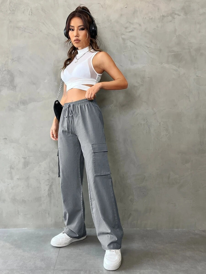 Flap Pocket Drawstring Waist Cargo Pants