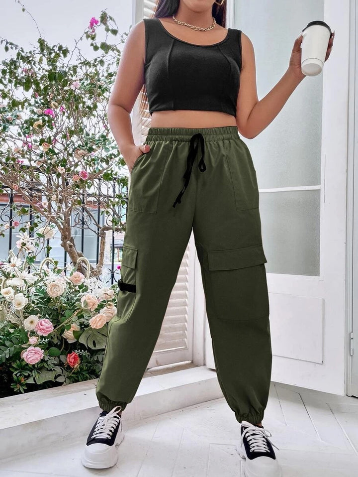 Flap Pocket Side Drawstring Waist Cargo Pants